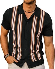 Mens Vintage Striped Knitted Polo Shirt Short Sleeve Button Down Golf Casual Top