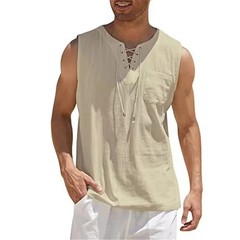 Men Cotton Linen Sleeveless Tank Top Retro V Neck Lace Up Casual Shirt UV Gift