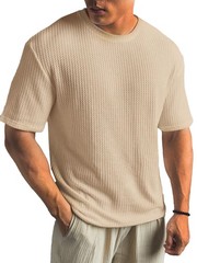 Mens Summer T Shirt Casual Ribbed Crew Neck Short Sleeve Solid Color Tee Top