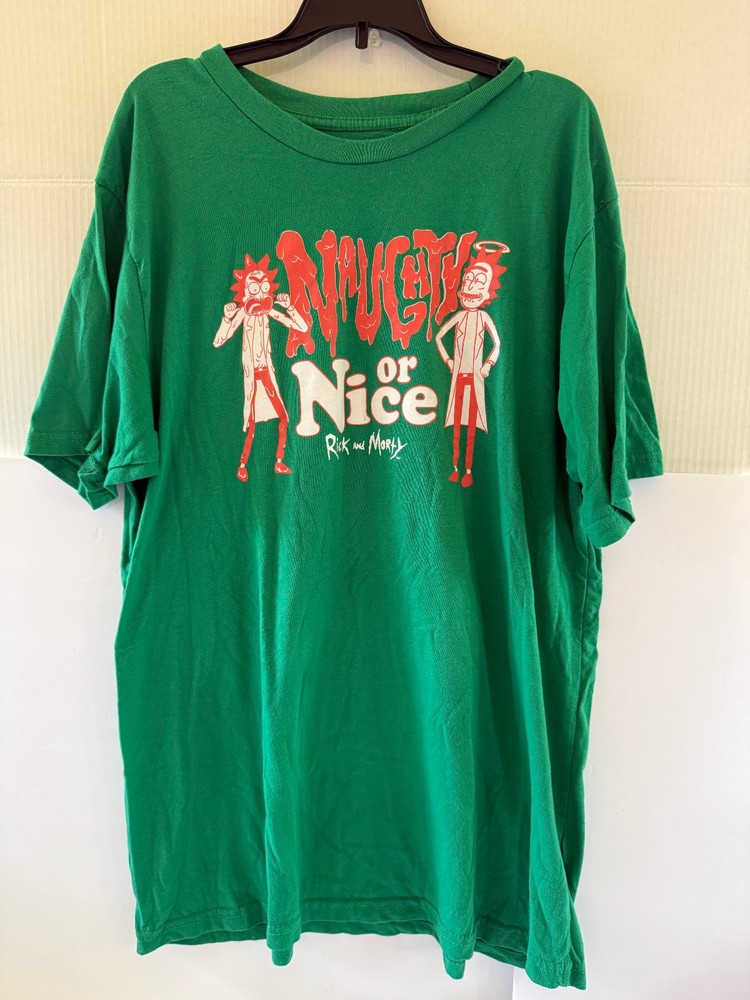 RICK & MORTY Mens XL Naughty or Nice Adult Swim T-shirt Green Christmas Cartoon