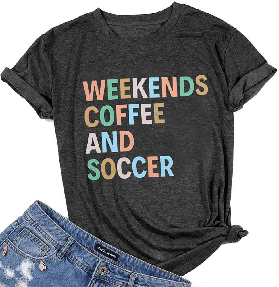 Weekends Coffee and Soccer Mom T Shirt – Soccer Gift Shirt (S, Dark Grey)