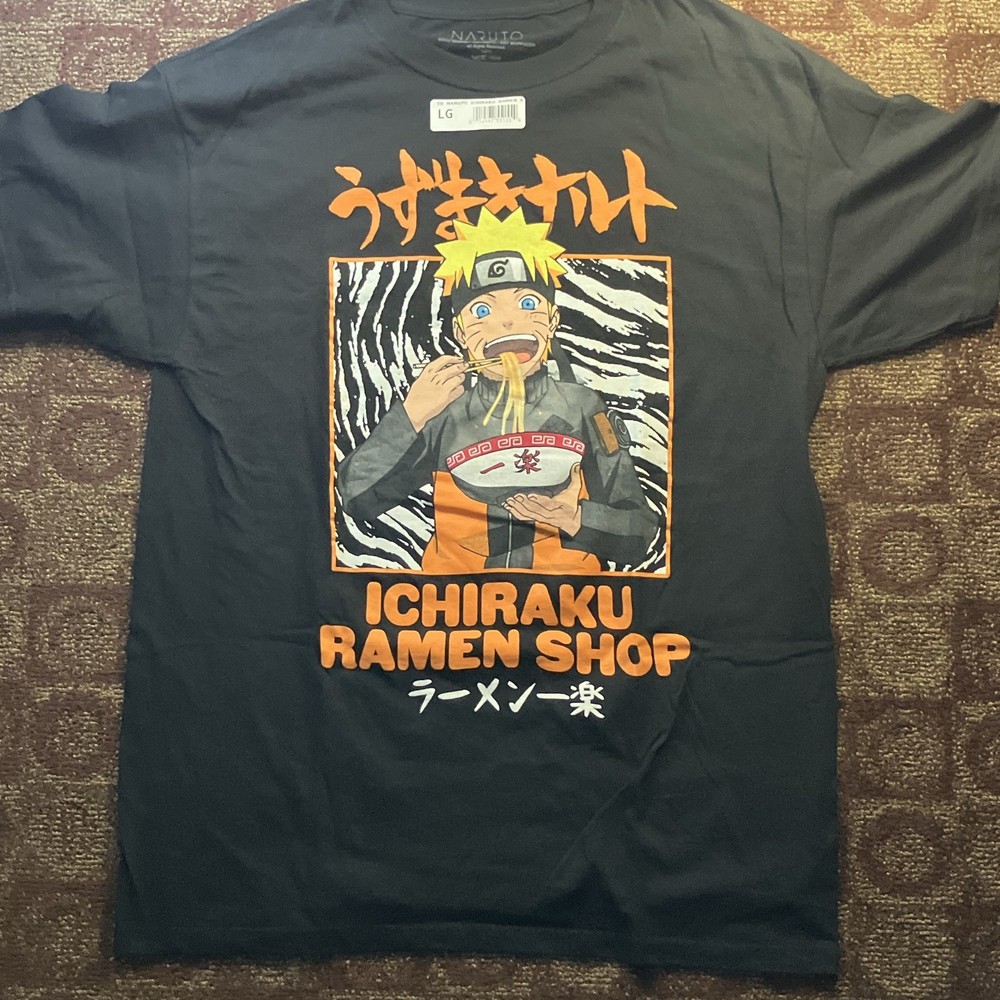 Naruto Men’s Black Graphic Print Crew Neck Short Sleeve Ichiraku Ramen T-Shirt L