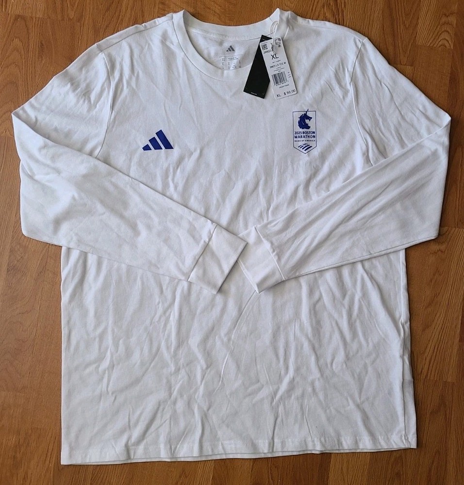 $50 Adidas 2025 Boston Marathon Men’s XL Long Sleeve White T-Shirt JW9337 NWT
