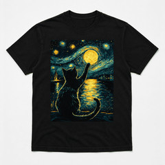 Starry Night Cat T-Shirt: Vincent Van Gogh Style, Black Cat Lover Gift TShirt