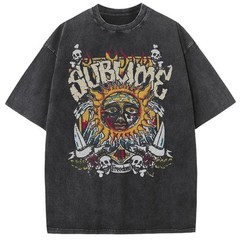 Vintage Sun Pattern Acid Wash Oversized T Shirt for Men and Women Heavyweight Co