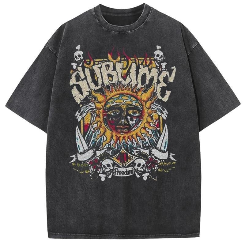 Vintage Sun Pattern Acid Wash Oversized T Shirt for Men and Women Heavyweight Co
