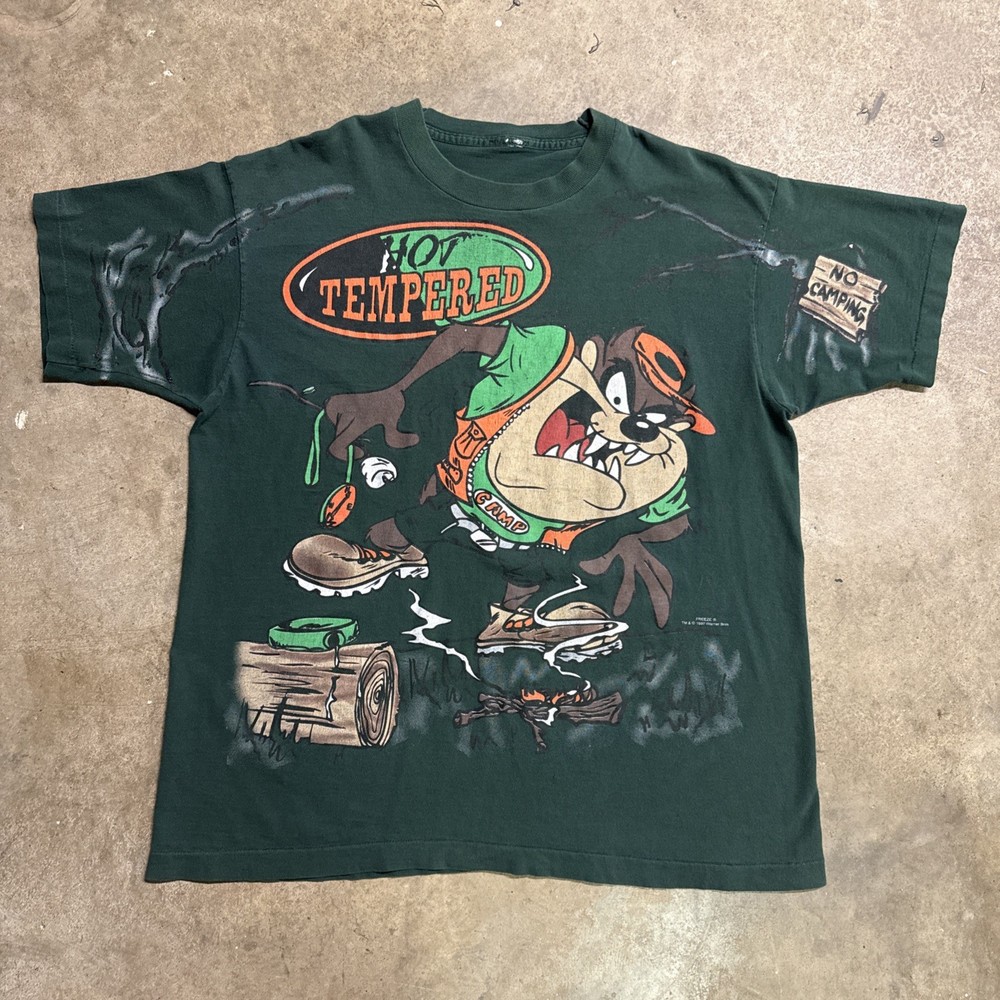 Vintage Looney Tunes Shirt Mens XL Green 90s Taz Camping Nature AOP Cartoon USA
