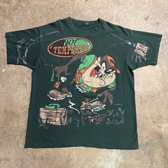 Vintage Looney Tunes Shirt Mens XL Green 90s Taz Camping Nature AOP Cartoon USA