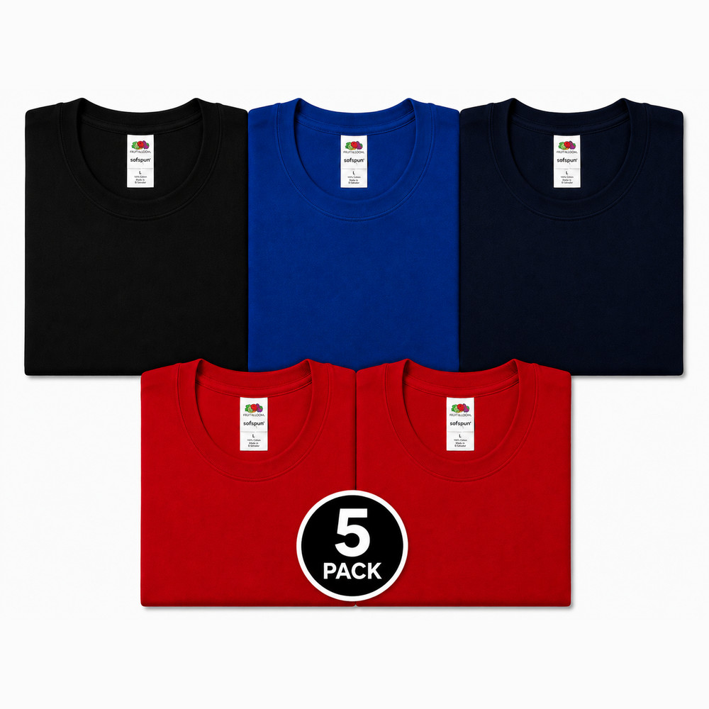 Fruit of the Loom 5-Pack T-Shirts Size L – 2 black, 2 navy, 1 red