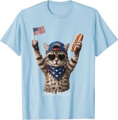 Retro Funny America Cat Hot Dog Lovers Patriotic US Flag T-Shirt