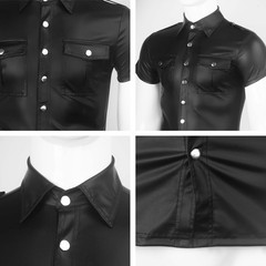Men Black Faux Leather Short Sleeve Collared Shirt Wet Look Top Blouse