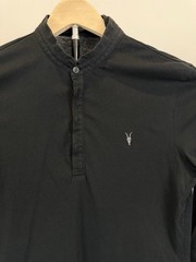 AllSaints Mens Medium Black Long Sleeve Jersey Knit Shirt Ramskull Band Collar