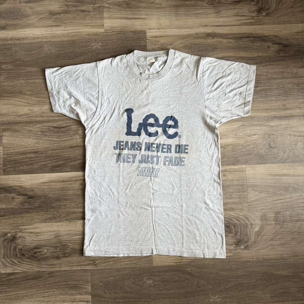 VTG Lee Jeans Never Die They Just Fade Away Shirt Mens M Gray Single Stitch 80s