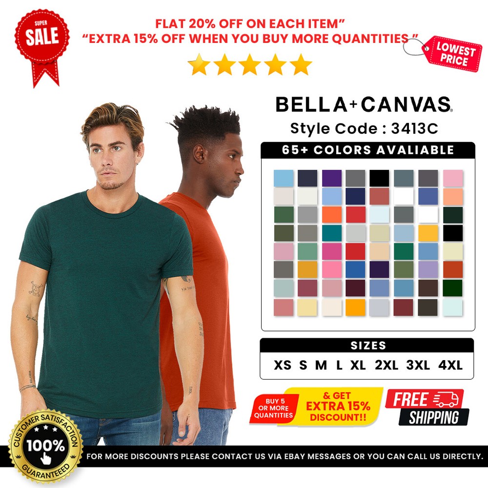 Bella + Canvas 3413C Unisex Triblend Crew Neck Soft Comfortable Fit T-Shirt