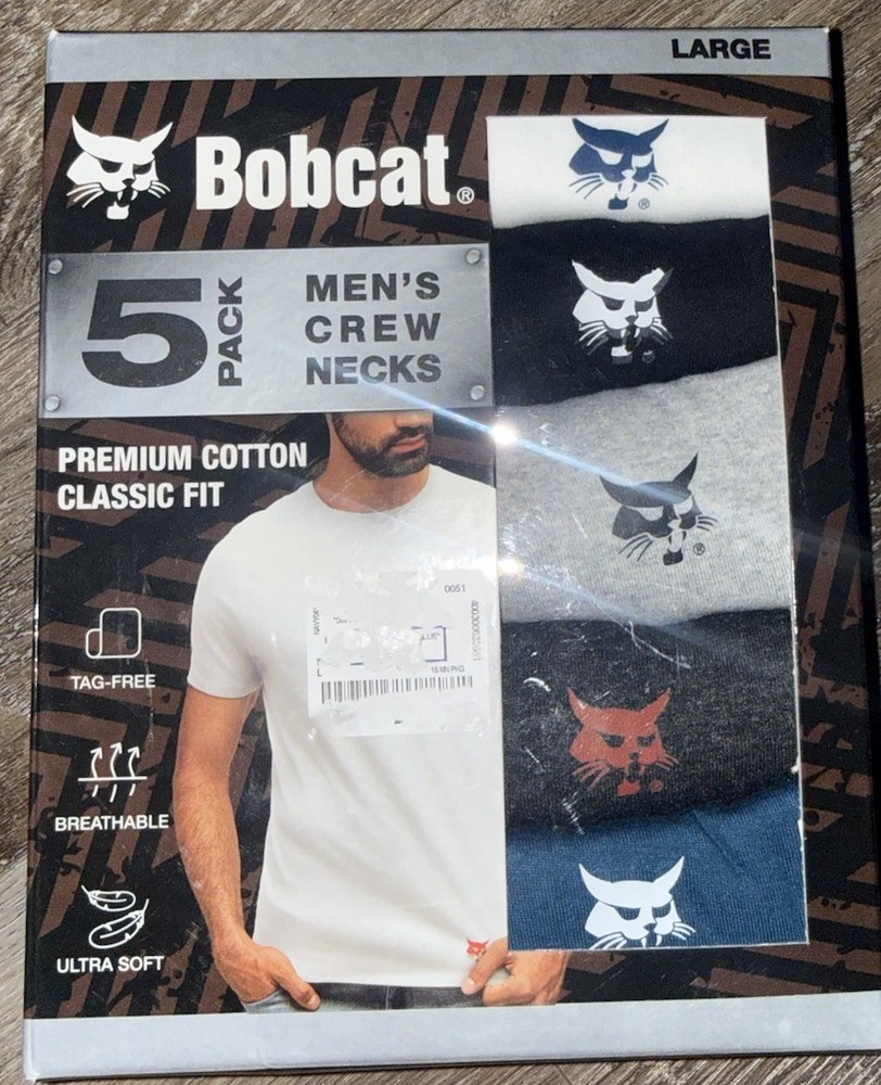 Bobcat ~ Mens 5-Pack T-Shirts Crew Neck Cotton Blend Cat Logo ~ L (40-42)