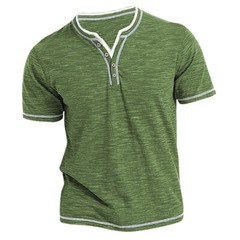 Herren T-Shirt Knopfleiste Vintage Slim V-Ausschnitt Top Hemd Kurzarm Oberteile