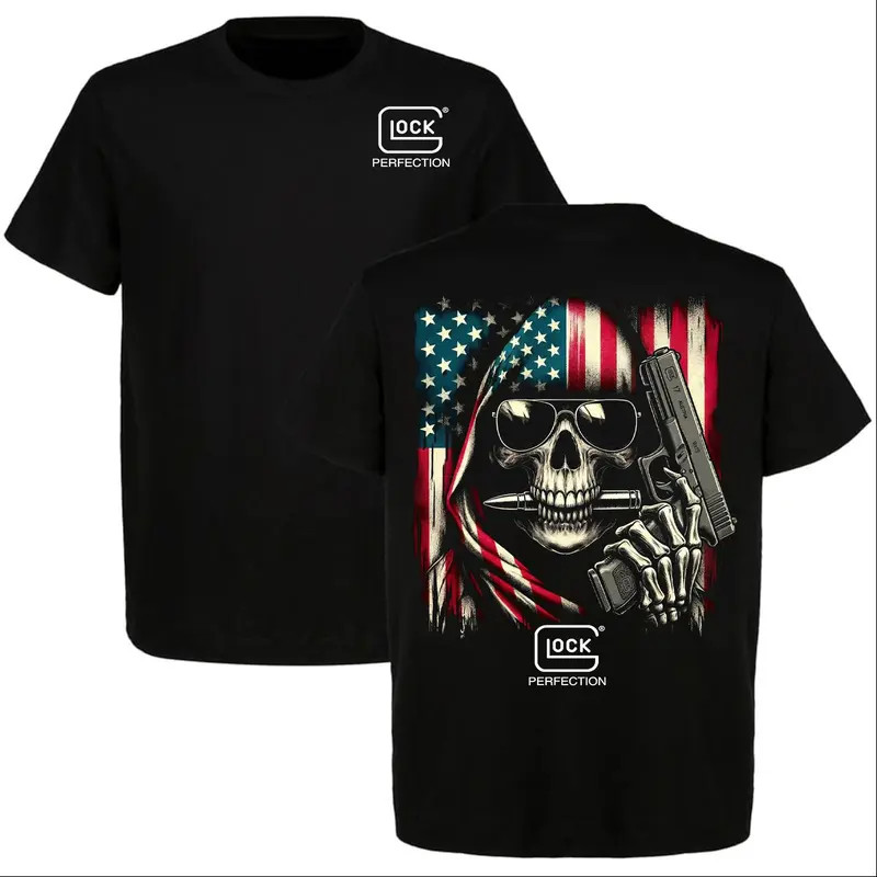 Skull USA Flag Tactical Graphic T-Shirt Patriotic Gun Style Tee