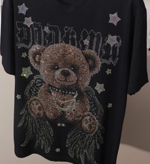 New Men Fashion Diamond Bear Rhinestones Luxury Black White T-Shirt High Quality