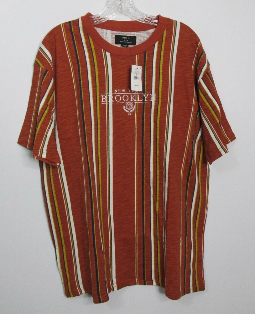 Men’s Cotton:On Vertical Striped T-Shirt Brooklyn New York Orange Size MED