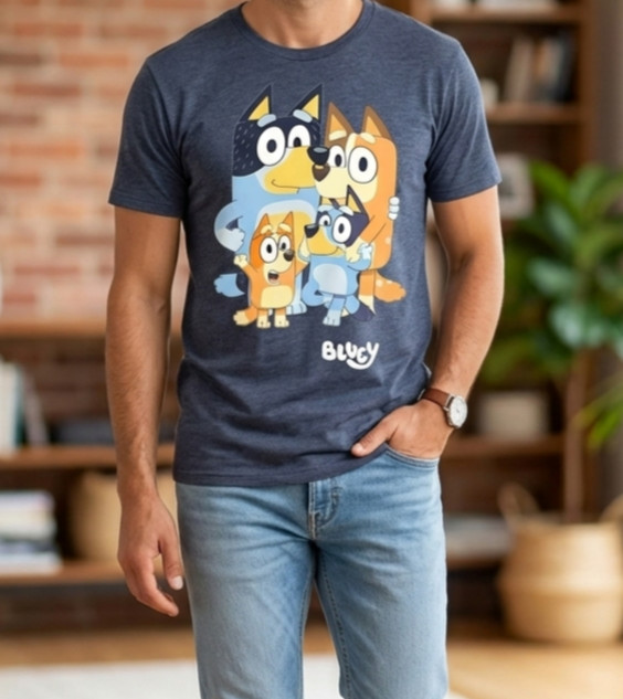 Bluey Family Graphic T-Shirt Size LG Adult Unisex Crew Neck Short Sleeve Heather
