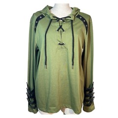 Mens Lace Up Hooded Shirt Green Faux Black Leather Size L Cosplay Medieval