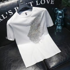 New Men Fashion Leopard Trend Hot Diamonds Rhinestones Summer Luxury T-Shirt