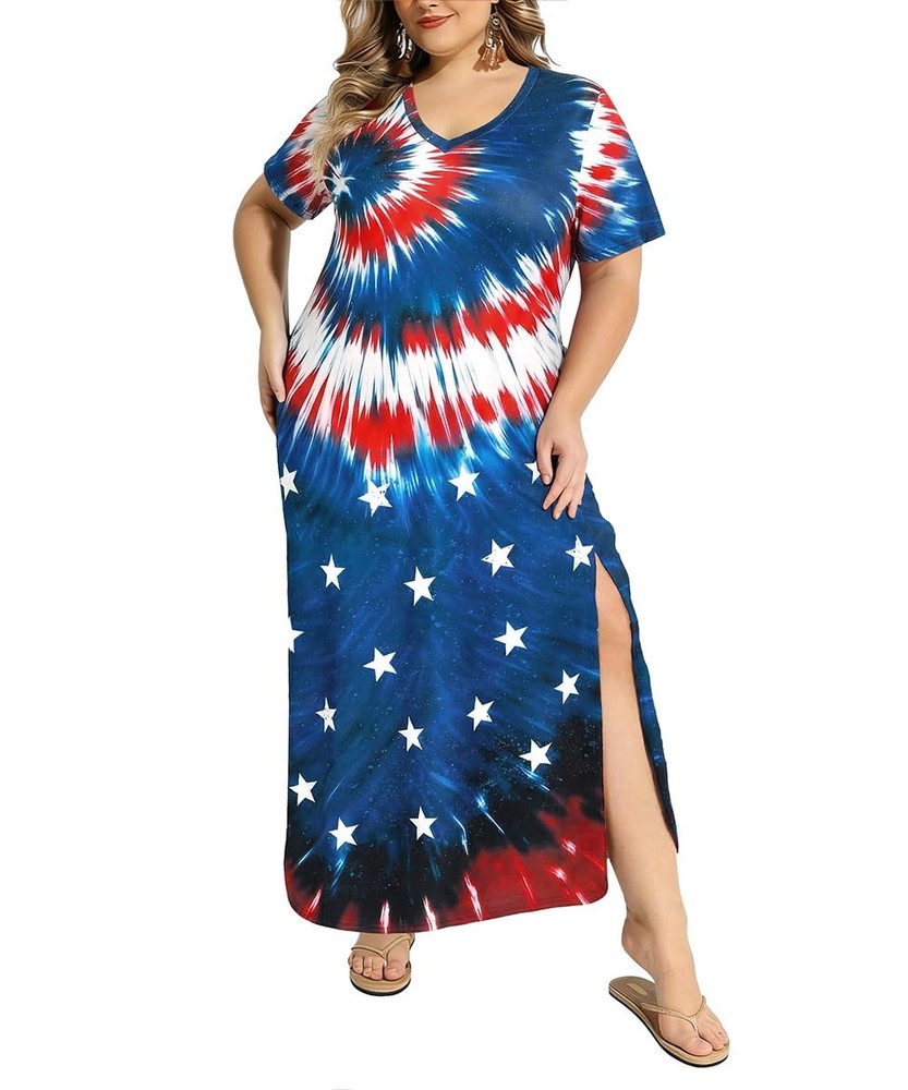 American Flag Plus Size Dresses for Women Short Sleeve Tie Dye 4Th of July Bl…