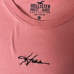 Hollister Must Have Collection TShirt Mens M Pink Coral Logo Text Short Sleeves