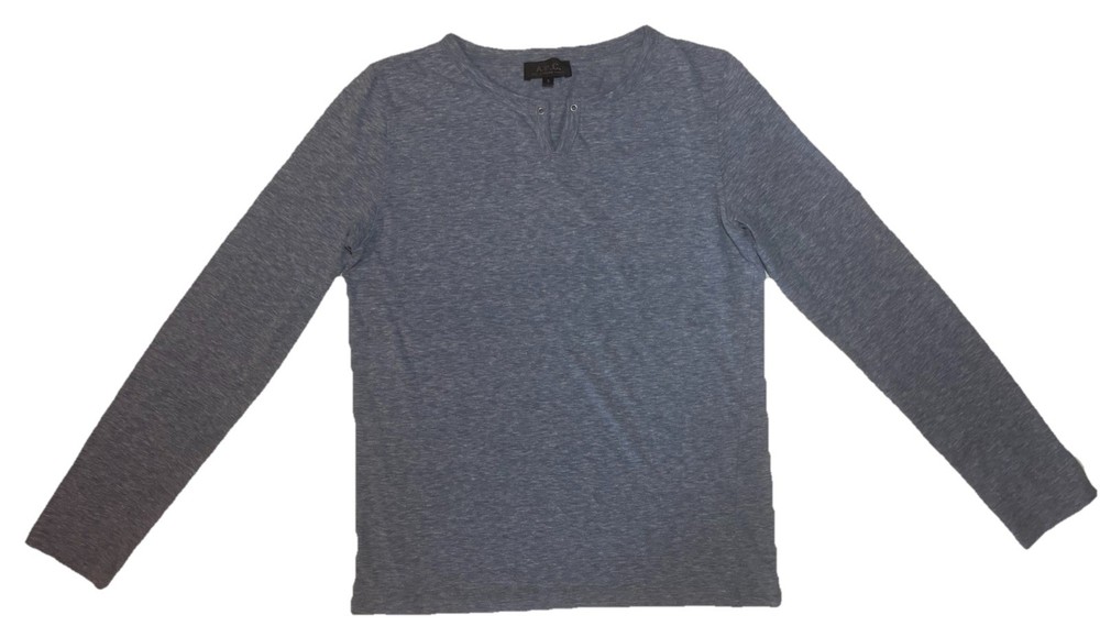 APC Paris Long Sleeve T Shirt Size Small Heather Blue Henley Style V Cut Collar