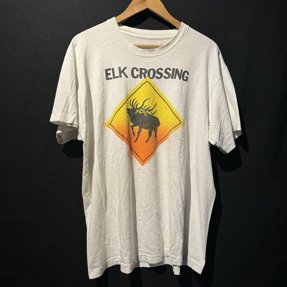 Vtg Elk CROSSING Shirt Mens Sz Large White Used Single Stitch Holes 90s