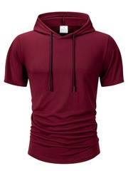 Men Summer Hoodie Short Sleeve Solid Color Loose Drawstring Pullover Top Casual