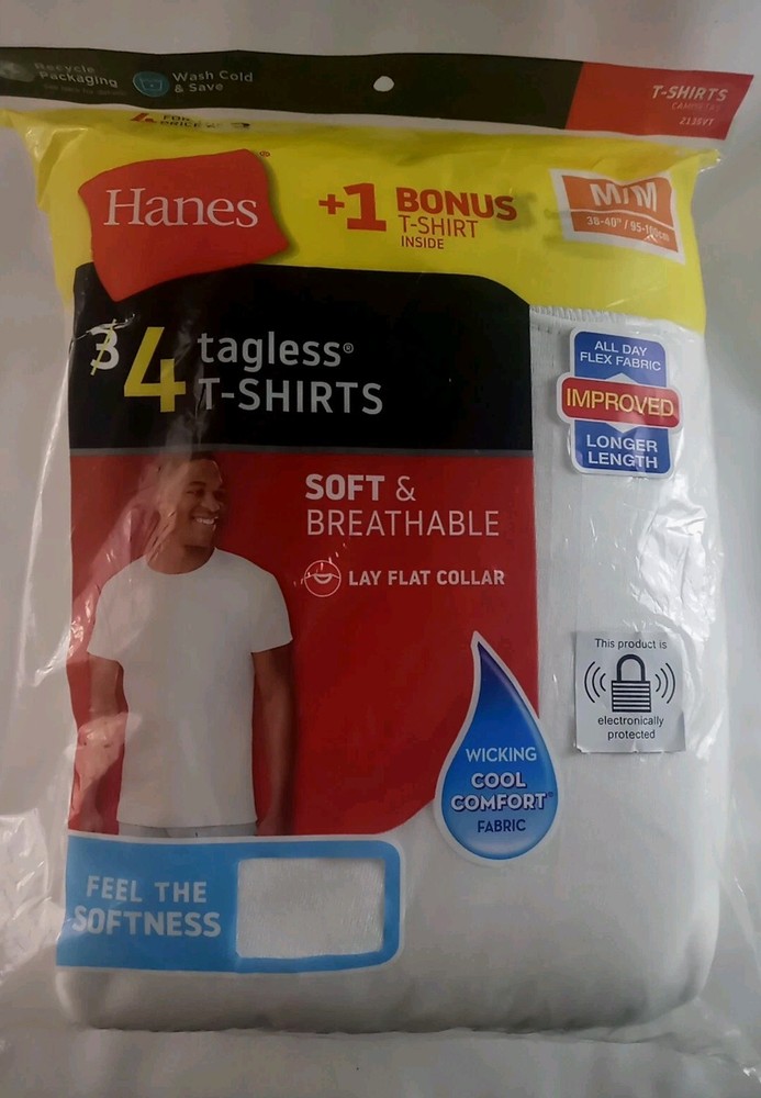 Hanes White T Shirt Medium Tagless 38″- 40″ 100% Cotton Lay Flat Collar 4 Count