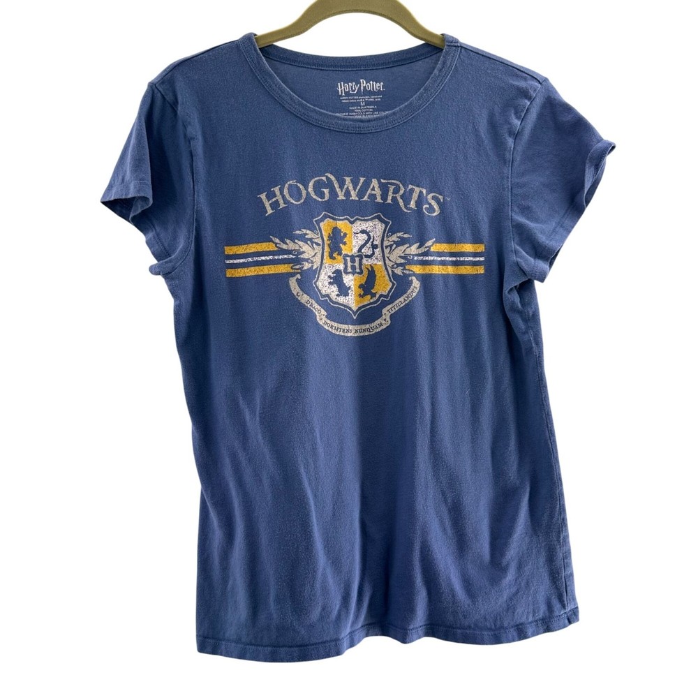 Harry Potter Hogwarts Crest Blue Graphic T-Shirt Size M 100% Cotton Tee Gold