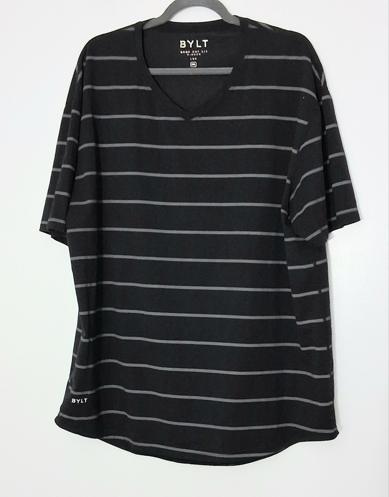 Bylt Basics T-Shirt Mens Size XXL Drop Cut V-Neck Gray Striped Lux Short Sleeve