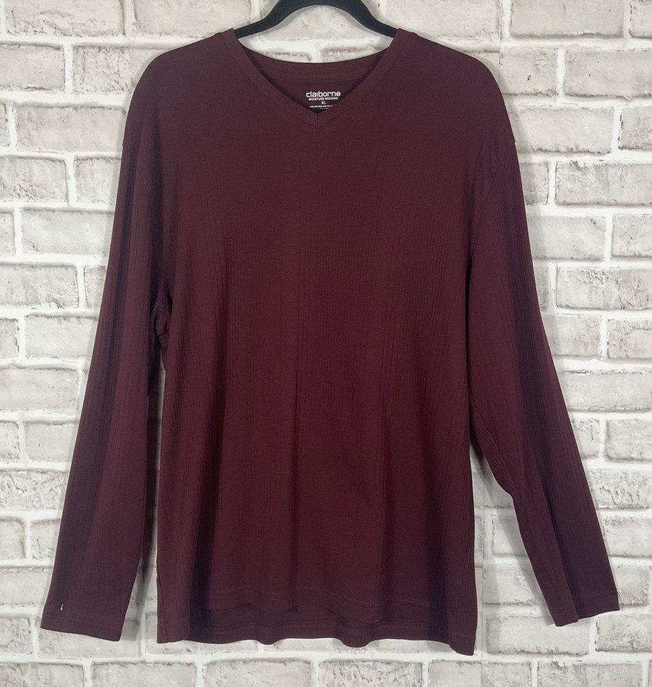 Claiborne Shirt Mens Sz XL Maroon Moisture Wicking V-Neck Ribbed Long Sleeves