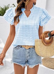 Womens Summer Tops V Neck Short Sleeve Tops Lightweight Plaid Ladies Tops and…