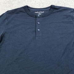 Nautica Shirt Mens Medium Navy Short Sleeve Henley Tee Tagless Nautical Logo