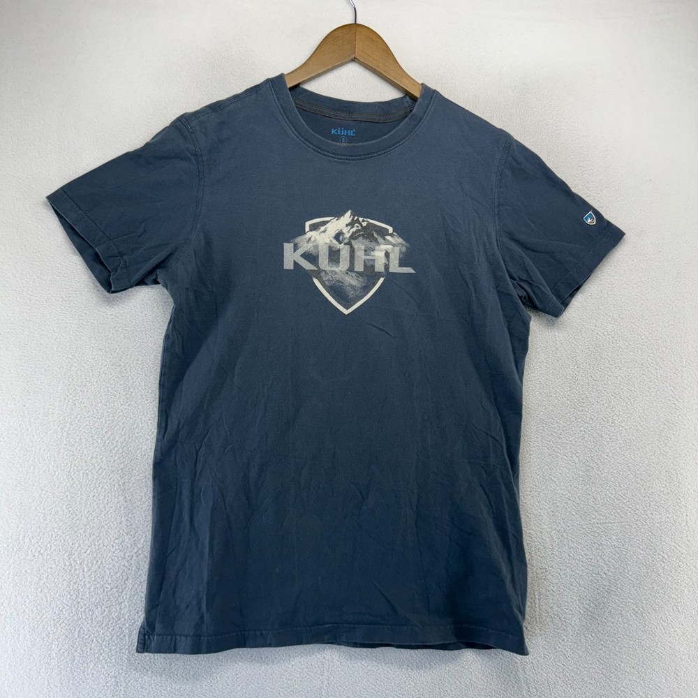 Kuhl Shirt Men’s Small Blue Mountain Graphic Logo Shield Faded Wildfibre Organic