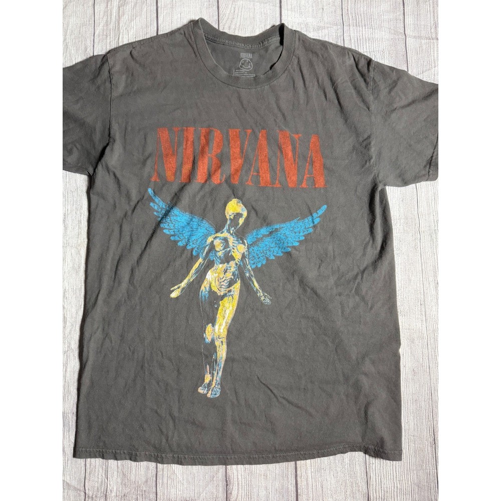 Nirvana In Utero Graphic T-Shirt Mens Medium Charcoal Gray Winged Angel Band Tee