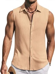 Men’s Summer Sleeveless Knit Tank Top Button Up Casual Beach Vacation Shirt