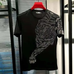 New Hot Drilling Fashion 3D Tiger Rhinestones Summer Luxury Men Black T-Shirt