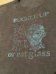 Vintage 1980s Buckle Up or Eat Glass Crash T Shirt men’s large Distressed