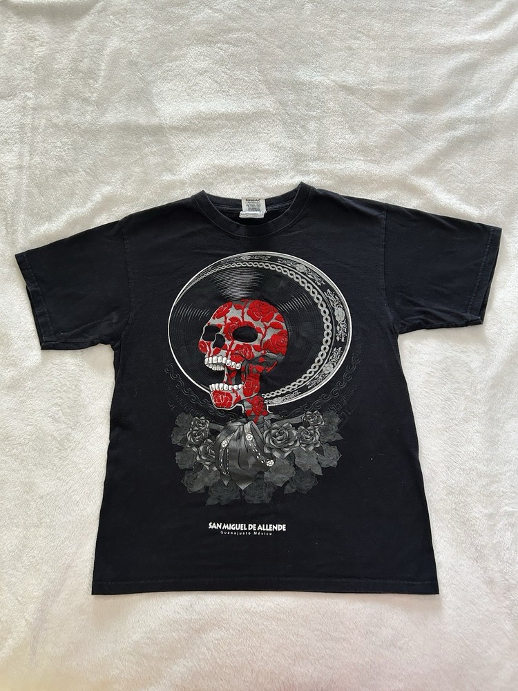 Karani-Art San Miguel De Allende Shirt Mens Medium Black Skull Rose Mexico Tee