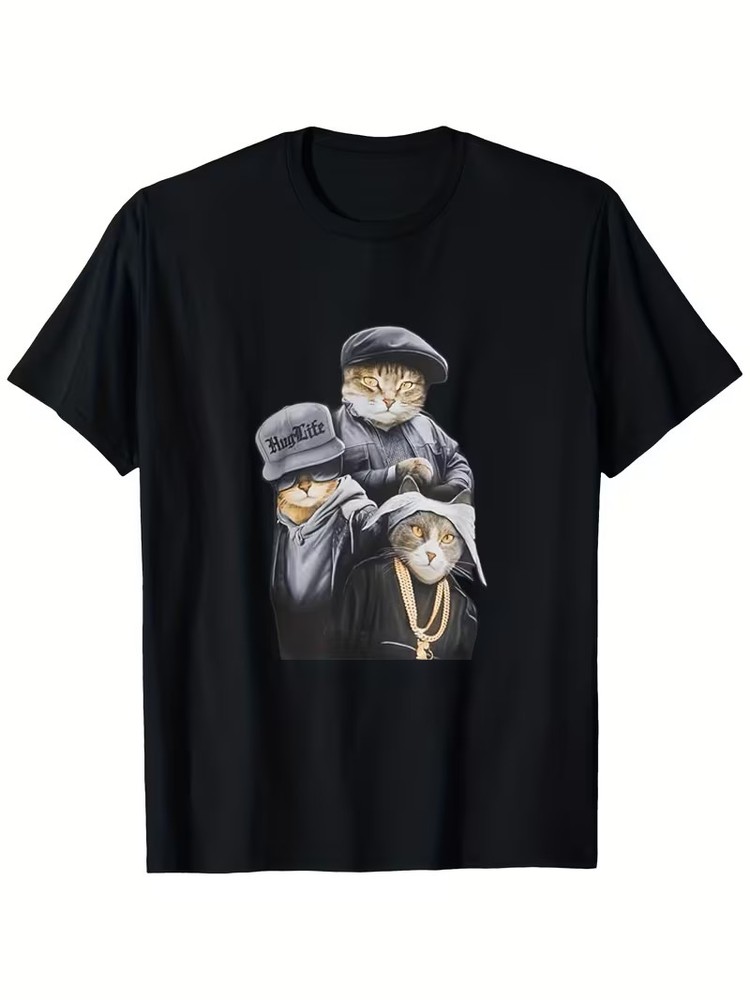 Men’s 220g 100% Cotton T-Shirt – Funny Gangster Cat Trio Design with “Hugg Life”