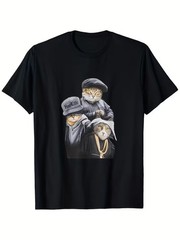 Men’s 220g 100% Cotton T-Shirt – Funny Gangster Cat Trio Design with “Hugg Life”