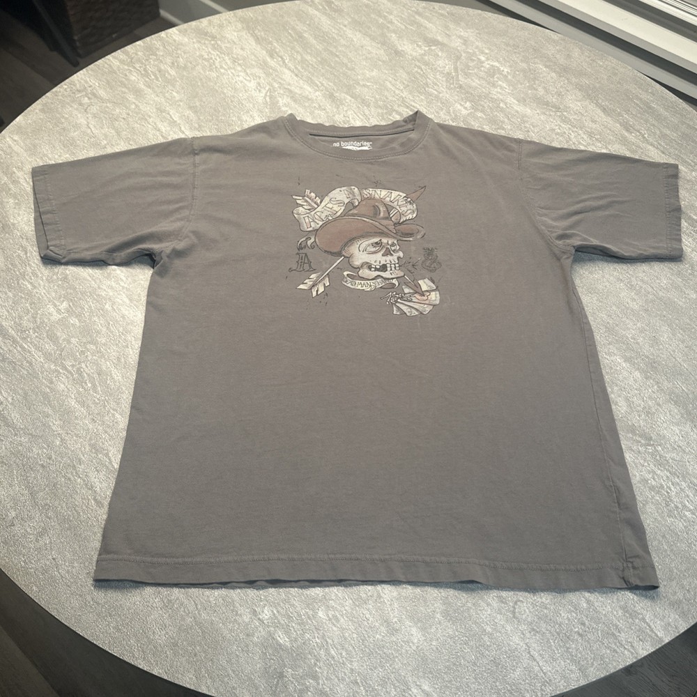 Vintage Y2K No Boundaries Skull Aces Snakes Cards Shirt Large Gray Grunge Skate