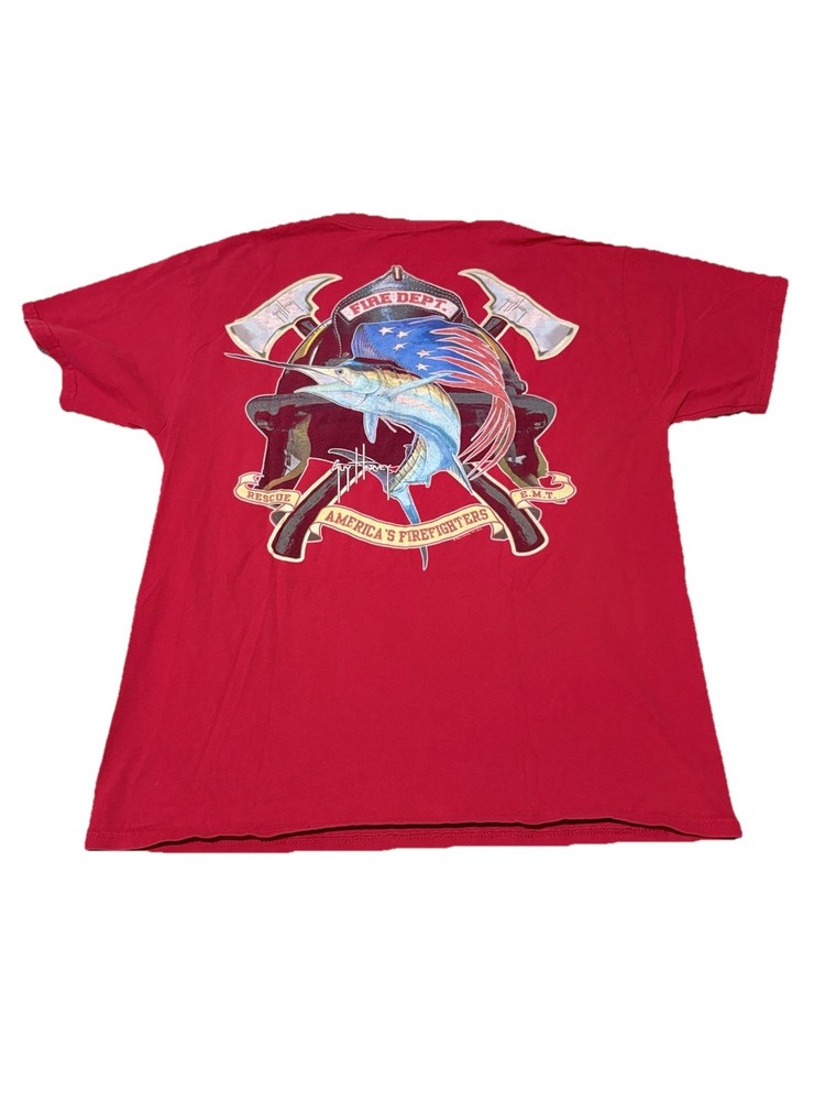 Guy Harvey BlueWater Firefighter Fire Department Swordfish Pocket T Shirt Size M
