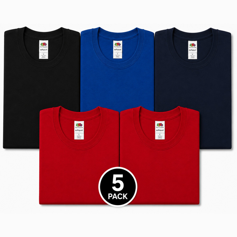Fruit of the Loom 5-Pack T-Shirts Size L – 1 Navy, 2 Red, 1 Blue, 1 Black
