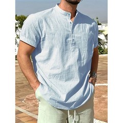 Men’s Cotton Linen Henley Shirt Short Sleeve Casual Summer Tee
