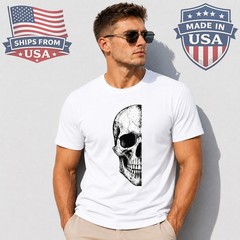 Half Skull Skeleton Graphic T-Shirt Biker Tribal Tattoo Gothic